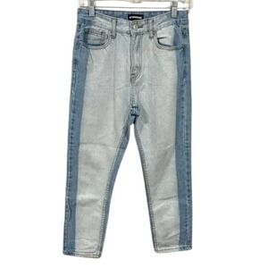 MOMOKROM Women Two Tone High Waisted Mom Jeans Light Wash Blue UK 8 EU 36